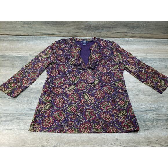 Chaps Denim 3/4 Sleeve Ruffle V-Neck Semi Sheer Women's Blouse - Picture 1 of 11